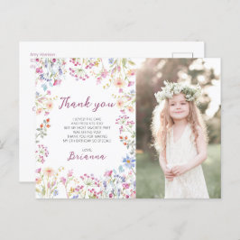 ワイルドフラワーガーデンテーマの女の子の水彩画 ありがとう ポストカード