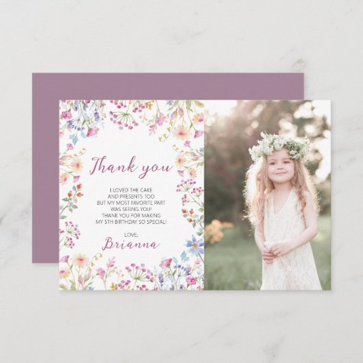 ワイルドフラワーガーデンテーマガールウォーター色誕生日 サンキューカード (正面/裏面)