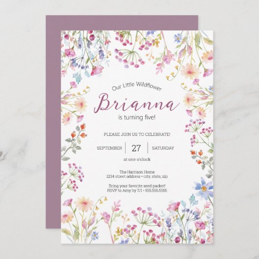 ワイルドフラワーガーデンテーマガールウォーター色誕生日 招待状 (正面/裏面)