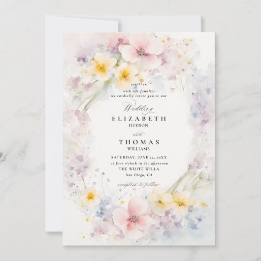 ワイルドフラワーガーデンデリケートモダンな結婚式 招待状 (正面)
