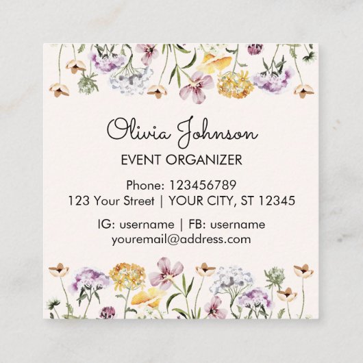 ワイルドフラワーガーデンパーソナライズされたスクエア スクエア名刺 (裏面)