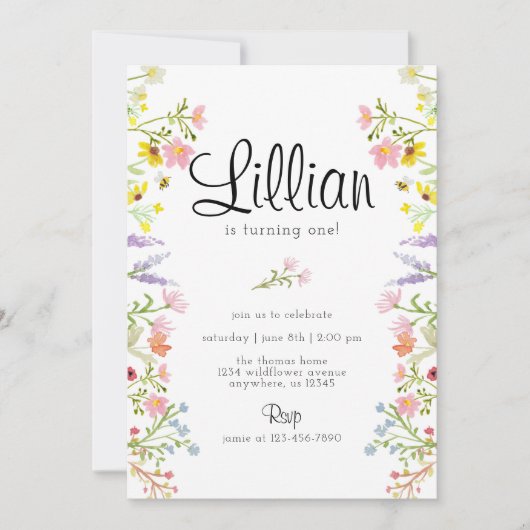 ワイルドフラワーガーデンパーティー誕生日水彩 招待状 (正面)