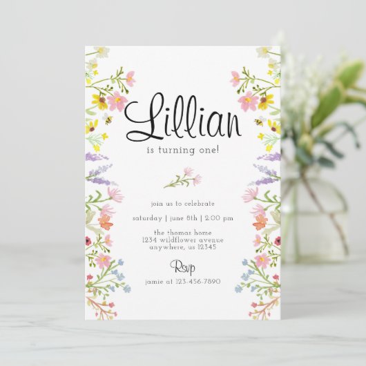ワイルドフラワーガーデンパーティー誕生日水彩 招待状 (スタンド正面)