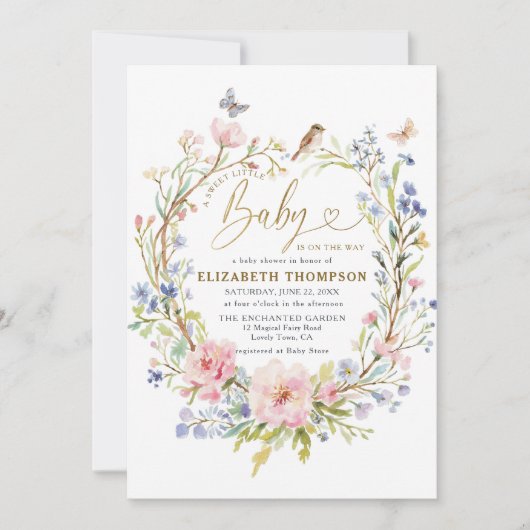 ワイルドフラワーガーデンフォレスト甘い小さな赤ちゃんシャワー 招待状 (正面)