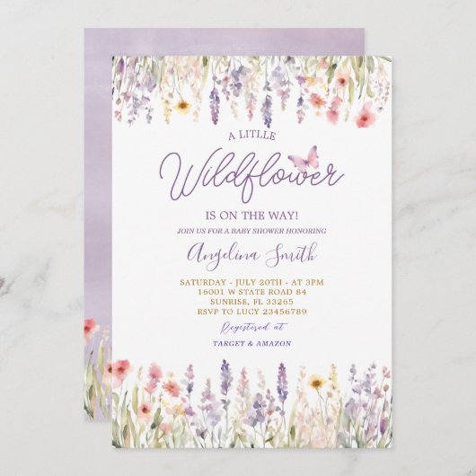 ワイルドフラワーガーデンフローラが赤ちゃんシャワーの途中にある 招待状 (正面/裏面)