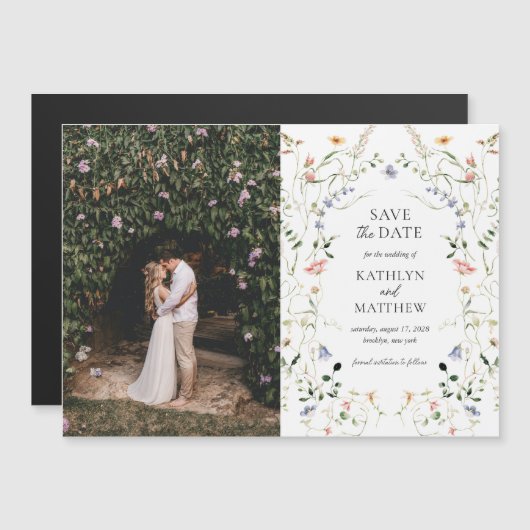ワイルドフラワーガーデンフローラリース日付の保存 マグネット招待状 (正面/裏面)