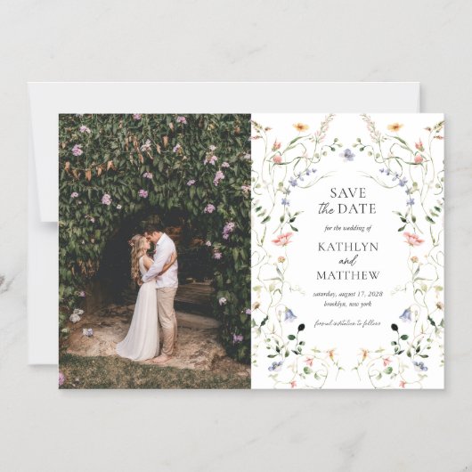 ワイルドフラワーガーデンフローラリース日付の保存 マグネット招待状 (正面)