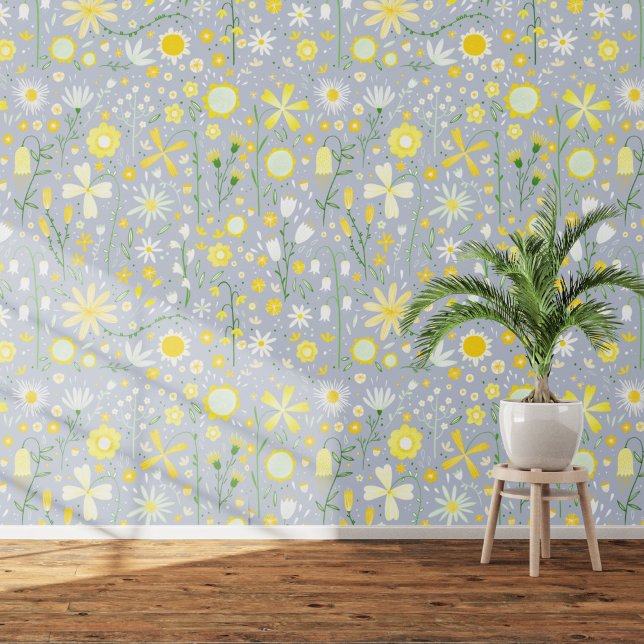 ワイルドフラワーガーデンブルーイエローフローラ 壁紙 (Wildflower floral white yellow duck egg blue gray  art wallpaper)
