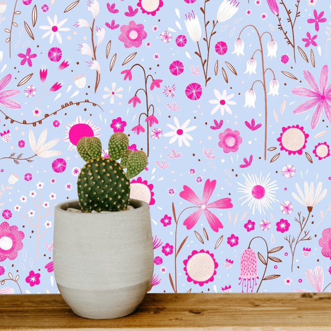 ワイルドフラワーガーデンブルーピンクフローラ 壁紙 (Pretty pink, blue and white wildflower art wallpaper)