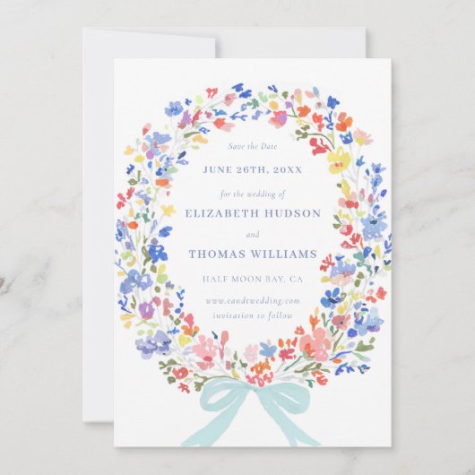 ワイルドフラワーガーデンブルーボウ結婚写真の救日付 招待状 (正面)