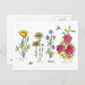 ワイルドフラワーガーデンボタニカルウォーター色のアートハチ ポストカード (正面/裏面)