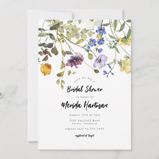 ワイルドフラワーガーデンモダングリーンリーブライダルシャワー 招待状 (正面)