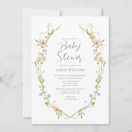ワイルドフラワーガーデンヴィンテージ水彩赤ちゃんシャワー 招待状 (正面)
