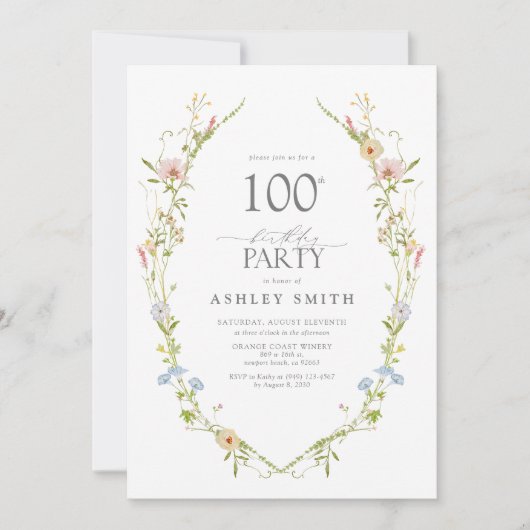 ワイルドフラワーガーデン100thバースデーパーティー水彩 招待状 (正面)