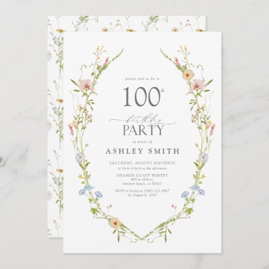 ワイルドフラワーガーデン100thバースデーパーティー水彩 招待状 (正面/裏面)