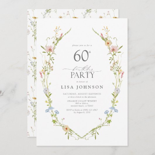 ワイルドフラワーガーデン60thバースデーパーティー水彩 招待状 (正面/裏面)