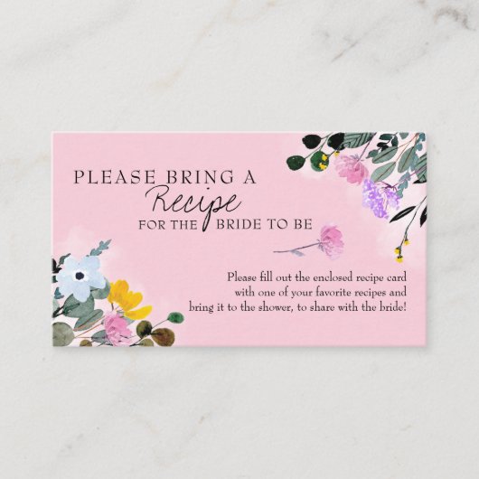 ワイルドフラワーガーデン ピンク ブライダルシャワー レシピリクエスト エンクロージャーカード (正面)