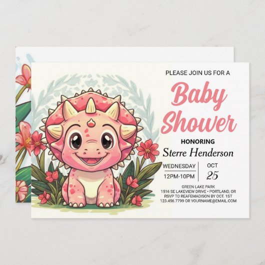 ワイルドフラワーガーリーズ恐竜の女の子ベイビーシャワー 招待状 (正面/裏面)
