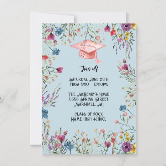 ワイルドフラワーガーリーパステル卒業パーティー 招待状 (裏面)