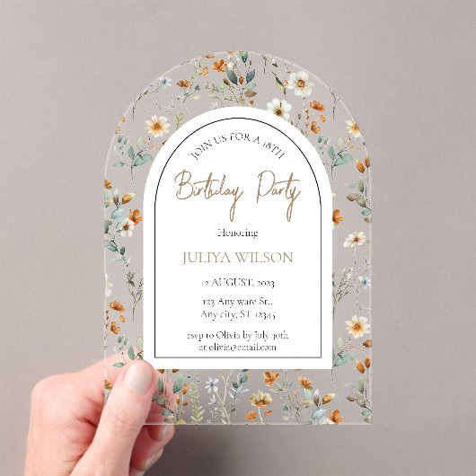 ワイルドフラワーガーリー誕生日パーティー アクリル招待状 (インサイチュ (ポータブル))