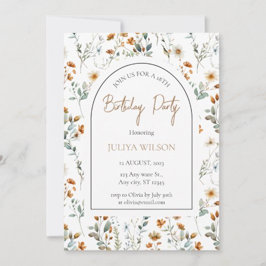 ワイルドフラワーガーリー誕生日パーティー 招待状 (正面)