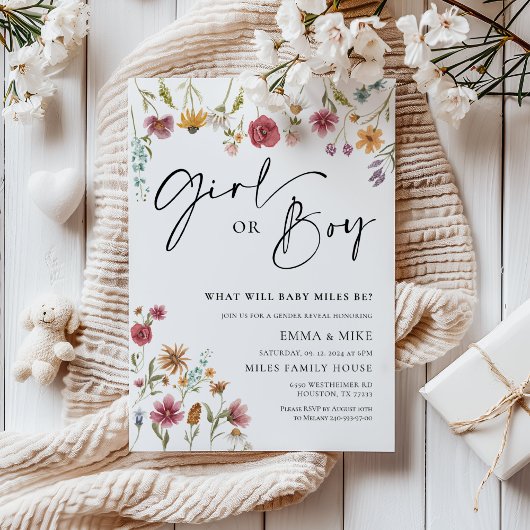 ワイルドフラワーガールまたは男の子ジェンダーのリビール招待状 招待状