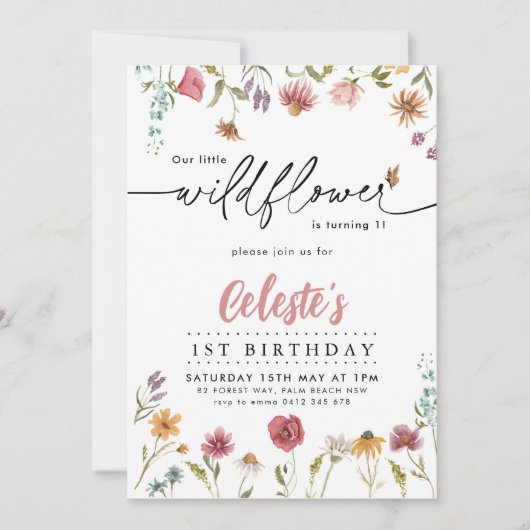 ワイルドフラワーガールズ1st誕生日パーティーかわいらしフローラ 招待状 (正面)