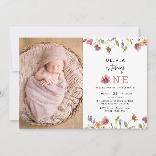 ワイルドフラワーガールファースト誕生日フォト招待状 招待状 (正面)