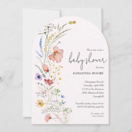 ワイルドフラワーガールベビーシャワーアーチトップ 招待状 (正面)