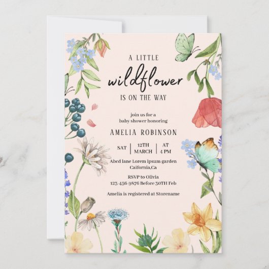 ワイルドフラワーガールベビーシャワー招待状 招待状 (正面)