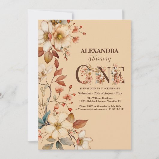 ワイルドフラワーガール1歳の誕生日 招待状 (正面)