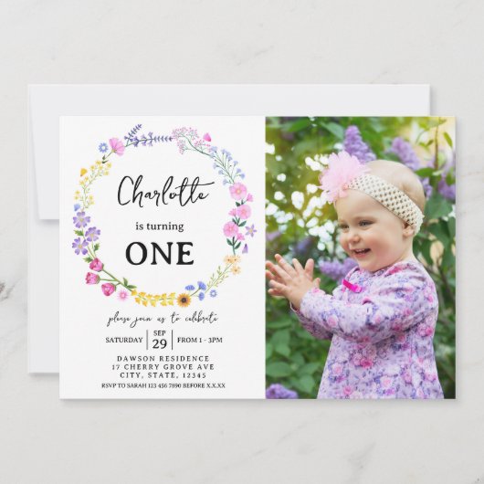 ワイルドフラワーガール1st誕生日フローラ写真 招待状 (正面)