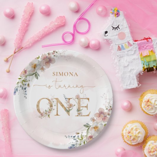 ワイルドフラワーガール1st誕生日赤面ピンクフローラ ペーパープレート (パーティー)