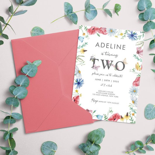 ワイルドフラワーガール 2歳の誕生日 花 蝴蝶 かわいい 招待状