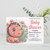 ワイルドフラワーキュート恐竜の女の子の赤ちゃんシャワー 招待状 (スタンド正面)