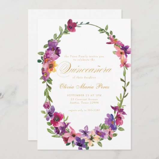 ワイルドフラワーキンセアニラピンクパープルフローラ 招待状 (正面/裏面)