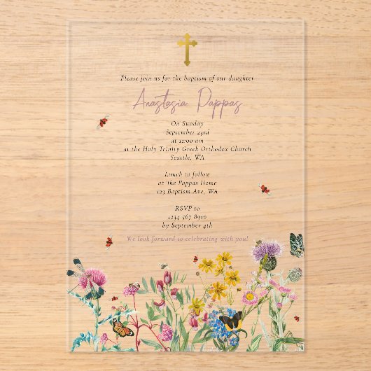 ワイルドフラワーギリシャ正統《キリスト教》洗礼式や命名式バプテスマ アクリル招待状 (正面)