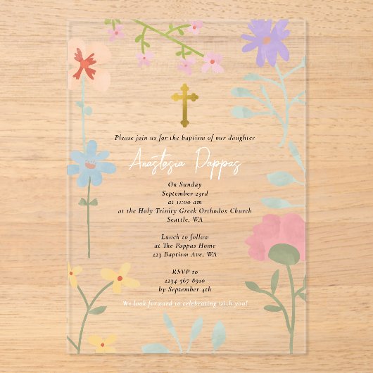 ワイルドフラワーギリシャ正統《キリスト教》洗礼式や命名式バプテスマ アクリル招待状 (正面)