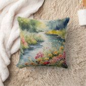 ワイルドフラワークリーク山水景色の水彩 クッション (ブランケット)