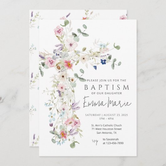 ワイルドフラワークロスバプテスマ招待状 招待状 (正面/裏面)