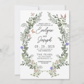 ワイルドフラワーグリーンお洒落リー結婚リース 招待状 (正面)