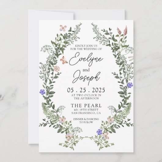 ワイルドフラワーグリーンお洒落リー結婚リース 招待状 (正面)