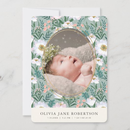 ワイルドフラワーグリーンガール写真誕生のお知らせ 招待状 (正面)