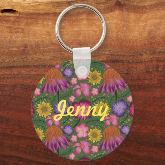 ワイルドフラワーグリーンパーソナライズされたフローラ キーホルダー (正面)