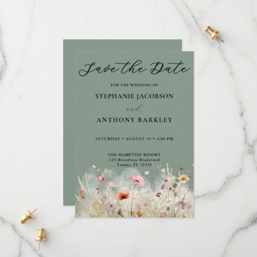 ワイルドフラワーグリーン日付結婚のカードを保存 セーブザデート (正面/裏面インサイチュ)