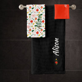 ワイルドフラワーグリーン白い赤の名前黒 バスタオルセット