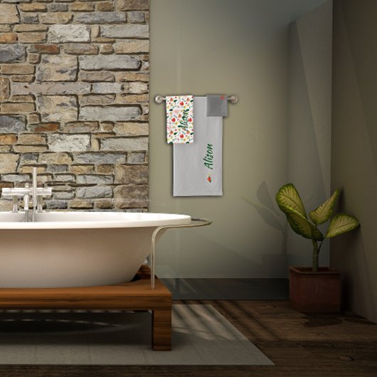 ワイルドフラワーグリーン白い赤の名前 バスタオルセット