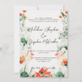 ワイルドフラワーグリーン&オレンジフローラロマン結婚ティック 招待状 (正面)