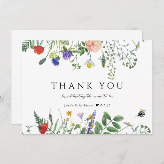 ワイルドフラワーグリーン |蜂のフローラ |赤ちゃんシャワー サンキューカード (正面/裏面)