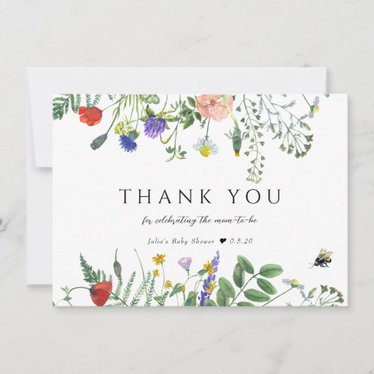 ワイルドフラワーグリーン |蜂のフローラ |赤ちゃんシャワー サンキューカード (正面)